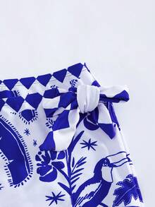Swim Oasis Plus Size 2pcs Tropical Floral Print Halter Neck Tie Knot One-Piece Swimsuit With Matching Printed Skirt, High-End Women Swimwear Set Suitable For Summer Beach & Holiday - Multicolor - View 9