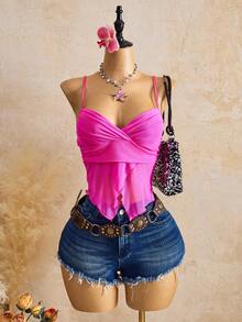 Femesol Women's Stretchy Mesh V-Neck Camisole Top - Hot Pink - View 1