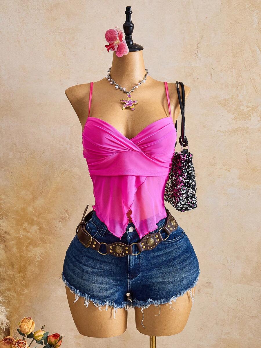 Femesol Women's Stretchy Mesh V-Neck Camisole Top - Hot Pink - View 1