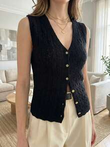 Chaleco Para Mujer, Chaleco Bordado de punto para mujer, diseño sin mangas, escote en V, cierre con botones frontales, tejido suave y ligero, prenda versátil para looks casuales y formales - Negro - Ver 5