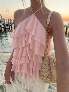 Aloruh Blusa elegante y romántica para vacaciones en la playa o citas, con cuello de lazo y volantes en el bajo, en color rosa - Rosa Pálido - Ver 1