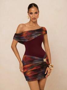 Lumalex 女士扎染印花褶皱修身时尚连衣裙 - 酒紅色 - 查看 9