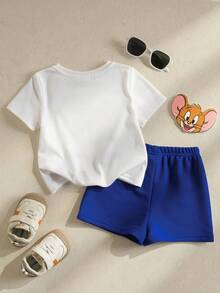 TOM & JERRY X SHEIN Baby Boy Letter & Cartoon Print Round Neck Short Sleeve T-Shirt And Shorts Casual Daily Outfit - Multicolor - View 3
