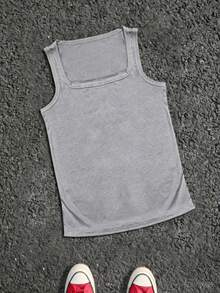 SHEIN Manfinity Dauomo Áo tank top nam mùa hè, màu trơn, cổ vuông, dáng ôm - Xám - Xem 3