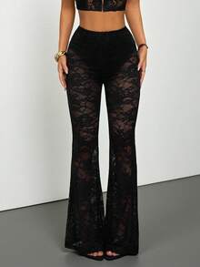 SHEIN PETITE Women's Spring Sexy Retro Lace Lined Flared Pants - Black - View 4