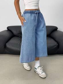 SHEIN 青少年女孩Y2K時尚淺色水洗寬鬆彈性抽繩腰牛仔寬腿牛仔褲，適合夏季海灘波希米亞度假、音樂會節慶休閒電音派對、早午餐、教堂、畢業典禮 - 中等水洗藍 - 查看 4