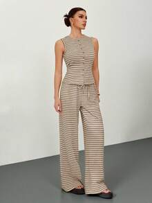 SHEIN Tall 2 piezas Conjunto de top de manga larga con botones delanteros a rayas y pantalones de pierna ancha casuales para mujer, otoño - Multicolor - Ver 5