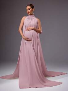 MaterniChic Elegant Solid Color High Slit Flowy Maternity Dress - Dusty Pink - View 3