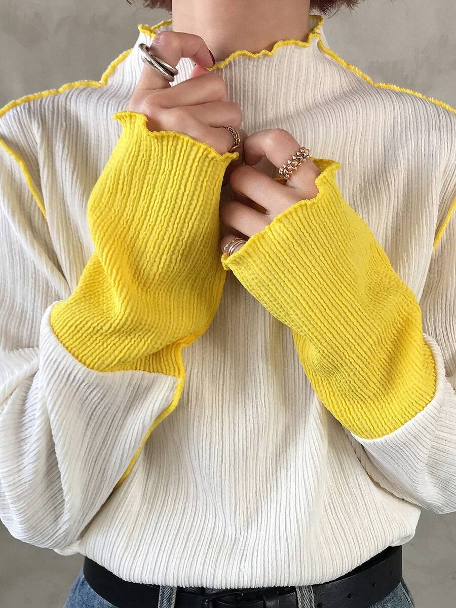 FRIFUL Áo thun nữ cổ cao tay dài ôm sát cổ tay, phối màu, viền lượn sóng, kiểu dáng thường ngày. - Màu be - Xem 1