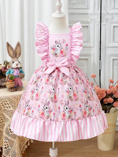 SHEIN 年轻女孩时尚甜美吊带荷叶边下摆兔子图案拼接条纹收腰夏季连衣裙