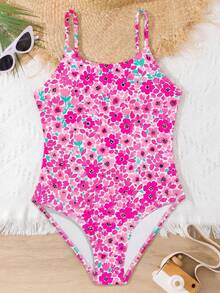Traje de baño de una pieza con estampado floral para niñas - Rosa - Ver 5
