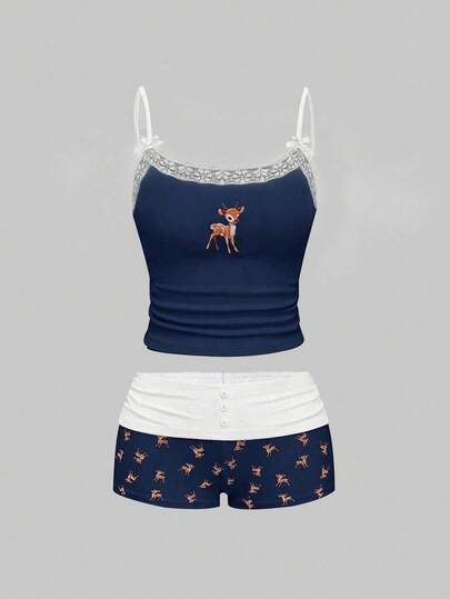 ROMWE J-Fashion 女士可爱小鹿刺绣蕾丝吊带背心和小鹿印花短裤套装