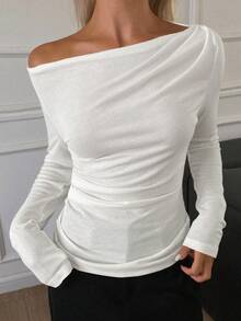 DAZY Women's Elegant City Casual Slim Fit Off Shoulder Long Sleeve T-Shirt - White - View 2
