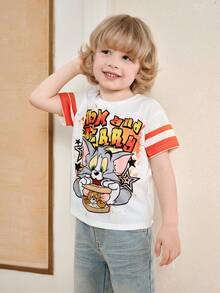 TOM & JERRY X SHEIN Young Boy Casual Round Neck Cartoon Letter Print Short Sleeve T-Shirt, Versatile Daily Wear - White - View 6