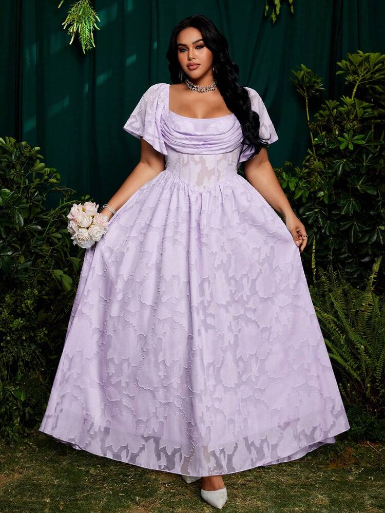 cute flowy plus size dresses Roveilla Square Neck Ruffle Sleeve Cutout Jacquard Chiffon Elegant Vintage Vacation Party Dress With Skirt Material: Cotton