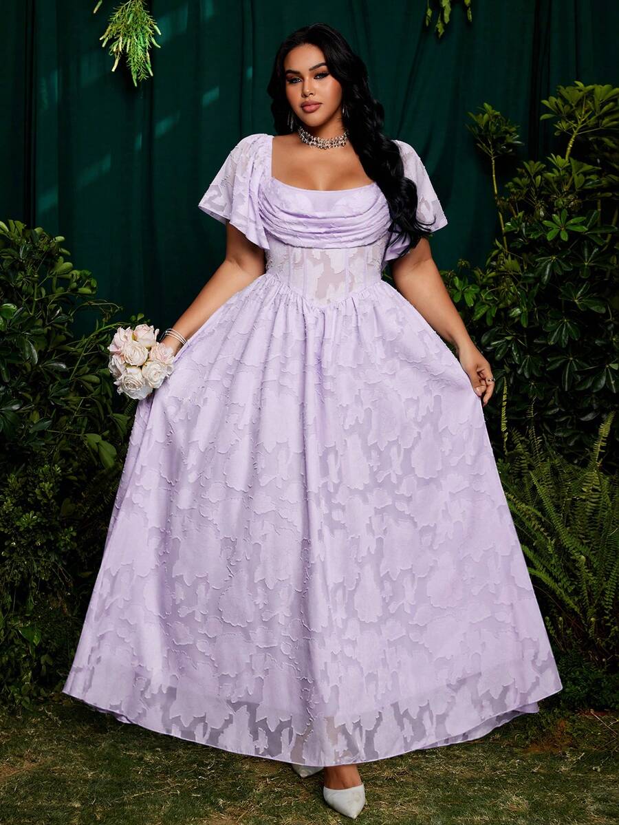 Roveilla Đầm dự tiệc mùa hè dáng xòe, cổ vuông, tay bồng, chất liệu chiffon jacquard, chất liệu thanh lịch, kiểu vintage, dễ thương, phối chân váy xòe. - Màu tím - Xem 1