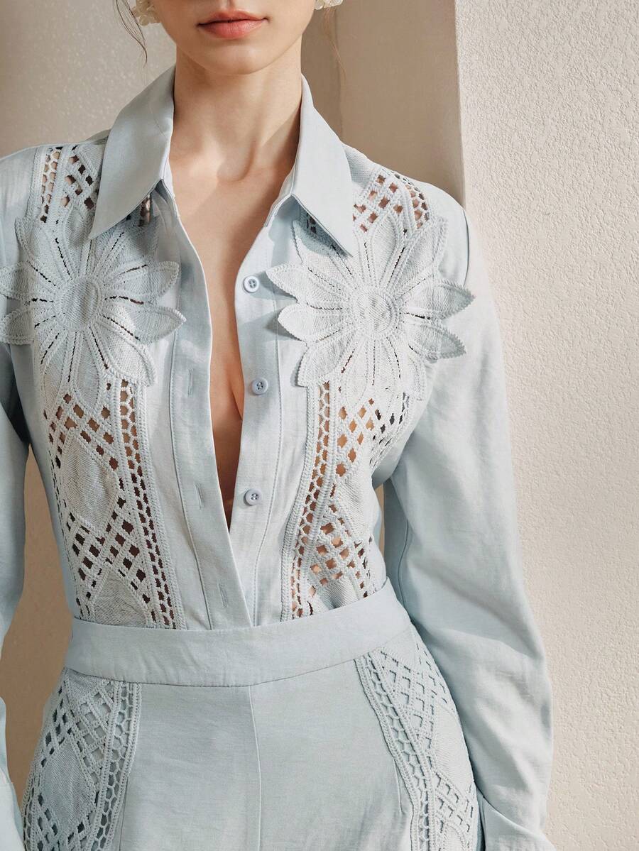 Anewsta Elegant Hollow Embroidered Lace Casual Outgoing Holiday Outfit, Unique Design, Women 2 Pieces Set - Blue - View 1