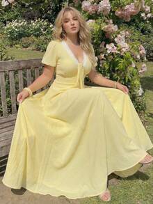 GalTyme 大码女式时尚度假蕾丝拼接V领连衣裙 - 黃色 - 查看 5