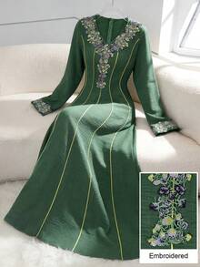 Al Najma Embroidered Lace Patchwork Elegant Modest Long Sleeve Dress - Green - View 6