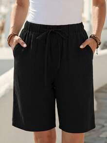 EMERY ROSE Linen Bermuda Shorts, Linen Solid Color Knee-Length Shorts With Side Pockets, High Waist And Loose Fit, Fashion Basics - Black - View 3