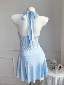 Comfortcana Women's Baby Blue Plunging Neck Contrast Lace Mini Dress,Summer Elegant Tea Party Wedding Guest Gown,Special Occasion Graduation Vacation Outfits - Blue - View 2