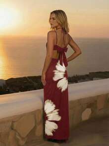 CAJUNI 女士印花镂空腰部吊带度假连衣裙 - 酒紅色 - 查看 2