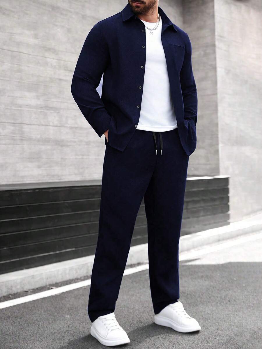 Manfinity CasualCool Men's Long Sleeve Shirt Collar Button-Up Shirt And Pants Set, Autumn/Winter - Navy Blue - View 1