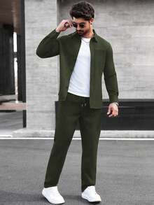 Manfinity CasualCool Men's Long Sleeve Shirt Collar Button-Up Shirt And Pants Set, Autumn/Winter - Army Green - View 5