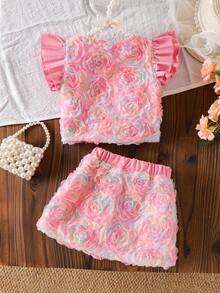 SHEIN 2pcs Baby Girl Pink Summer Cute 2nd Birthday Outfit,3D Rose Flower Tulle Ruffle Flutter Sleeve Button Tops And Skirts Set For Party Easter Birthday - Pink - View 2