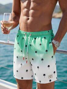 Manfinity Swimmode Men's Palm Tree Print Drawstring Waist Beach Shorts - Green - View 6