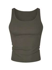 Manfinity Dauomo Áo tank top nam đơn sắc tối giản, không tay, kiểu dáng thường ngày. - Màu xanh Ô liu - Xem 3