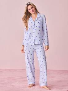 Bonmuse 女士泡泡褶皱爱心印花家居服套装，适合室内外穿着 - 藍色 - 查看 5