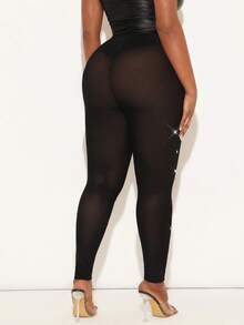 Radiana 大码女装春夏优雅华丽性感基础款手工水钻装饰网纱透视紧身裤，简约时尚，适合日常穿着、派对、舞会、游轮旅行、情人节等场合。 - 黑色 - 查看 3