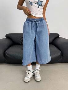SHEIN 青少年女孩Y2K時尚淺色水洗寬鬆彈性抽繩腰牛仔寬腿牛仔褲，適合夏季海灘波希米亞度假、音樂會節慶休閒電音派對、早午餐、教堂、畢業典禮 - 中等水洗藍 - 查看 5