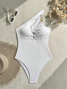 Swim SXY 女士纯色镂空金属圆形装饰不对称领口连体泳衣 - 白色 - 查看 4