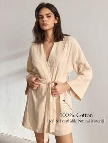 Ocili 女士纯色睡袍，带腰带，睡衣 - 杏色 - 查看 1