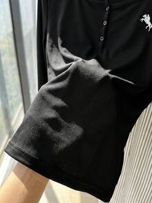 Comfortcana 2025冬季大尺碼女款休閒黑白條紋居家服Curve 2件套，刺繡鈕扣上衣與條紋長褲，感恩節穿搭 - 黑色 - 查看 3