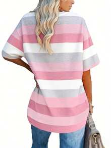 EMERY ROSE Plus Size Women's Casual Textured Stripe Printed T-Shirt, With American Minimalist Style - Multicolor - View 2
