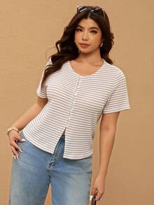 Elaquor Plus Size Women Striped Round Neck Short Sleeve Button Design Casual T-Shirt Knit Top Curve Tops Summer Spring/Summer For Vacation - Apricot - View 4