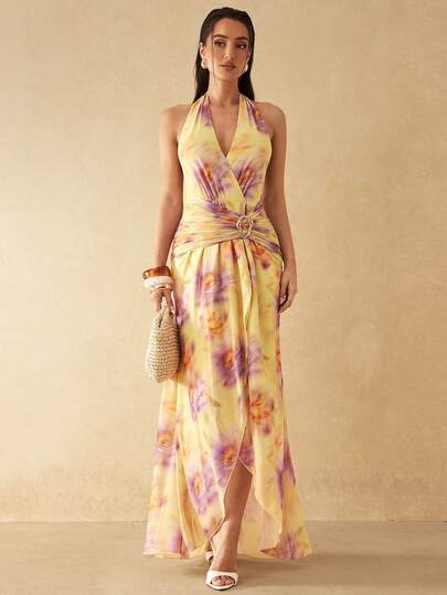 Silquee 交叉裹身露背无袖印花连衣裙