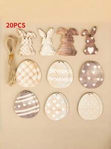 Madebyblanc 20 PCS Rustic Wooden Easter Tree Ornaments Set Rabbit Easter Egg Hanging Decor Mini Artificial Wood Home Decor Spring Table Centerpiece Charm Style Easter Decorations For Home Party - multicolor - View 9