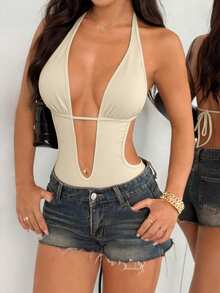 Flirla 黑色深V领露背系带连体衣，超弹柔软，舒适休闲，适合海滩、度假、日常穿着，夏季女性必备 - 杏色 - 查看 1