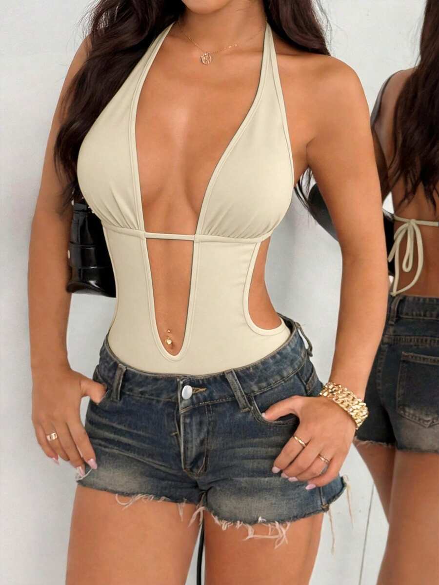 Flirla 黑色深V领露背系带连体衣，超弹柔软，舒适休闲，适合海滩、度假、日常穿着，夏季女性必备 - 杏色 - 查看 1