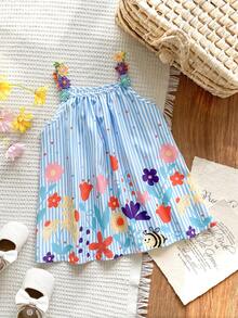 SHEIN Vintaside Kids 女婴彩色花卉丝带拼接条纹A字连衣裙，适合日常休闲和节日场合 - 彩色 - 查看 5