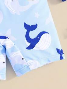 SHEIN 男婴鲸鱼印花泳衣，休闲涤纶连体泳衣，适合夏季、海滩和游泳 - 藍色 - 查看 5