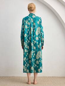 Ocili Đầm ngủ nữ cổ jacquard cài một hàng khuy, kiểu dáng thường ngày, thích hợp mặc ở nhà. - Màu xanh lá cây đậm - Xem 3