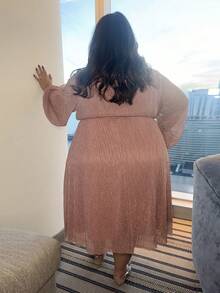 Enliva Vestido De Talla Grande Con Cuello En V, Manga De Linterna Y Cinturón - Rosa vieja - Ver 2
