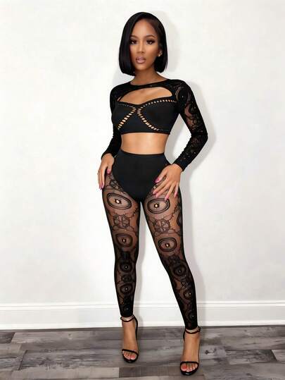 BamGleam 纯色长袖时尚镂空修身蕾丝拼接性感网纱上衣