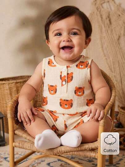 SHEIN Vintaside Kids 2pcs/Set Toddler Infant Baby Boys' Summer Beige & Orange Cute Cartoon Tiger Print Sleeveless Vest & Shorts Set, Suitable For Casual Outings, Playtime, Sports & Leisure, Family Gatherings, Hangouts With Friends, And Parties Baby Clothes Set Summer Baby Boys Cartoon Tiger Set Baby Boy Summer Outfit Toddler Boy Clothes Summer Sets Baby Boy Casual Set Summer Wear For Boys