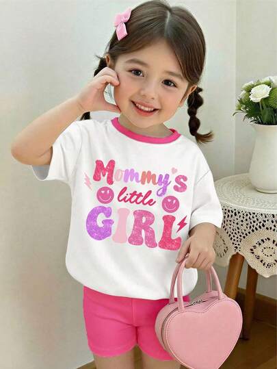 1 Set Baby Girls Casual Comfortable Fashion Minimalist Versatile Creative Cute Gold-Plated Colorful Letter Pattern Round Neck Short Sleeve T-Shirt And Shorts Set, "MAMA'S LITTLE GIRL" Letter Print T-Shirt Set